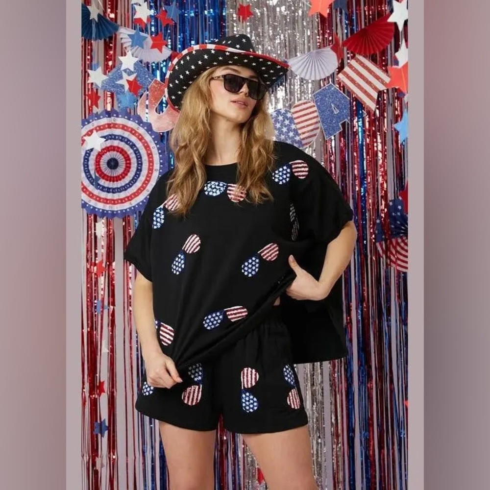 Fantastic Fawn Black Short Sleeve Tee with Red, White & Blue Flag Dot Print